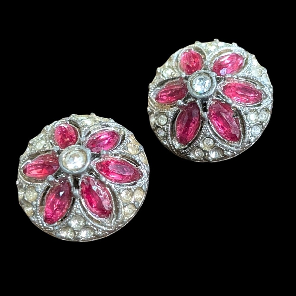Vintage Bogoff Clip On Earrings Pink Silver Marquise Rhinestone Flower